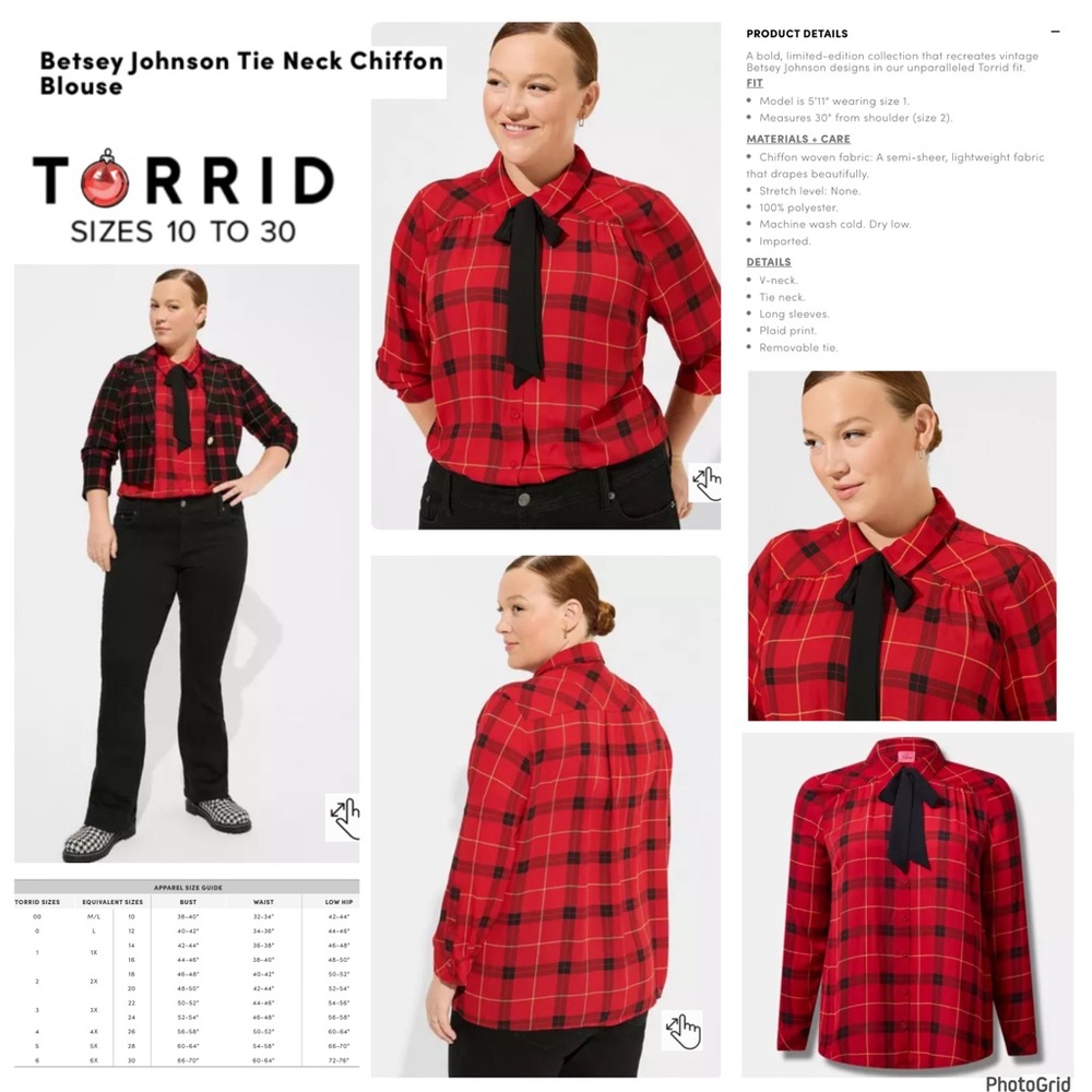 Torrid Betsey Johnson 1 plus size red tie neck chiffon plaid blouse